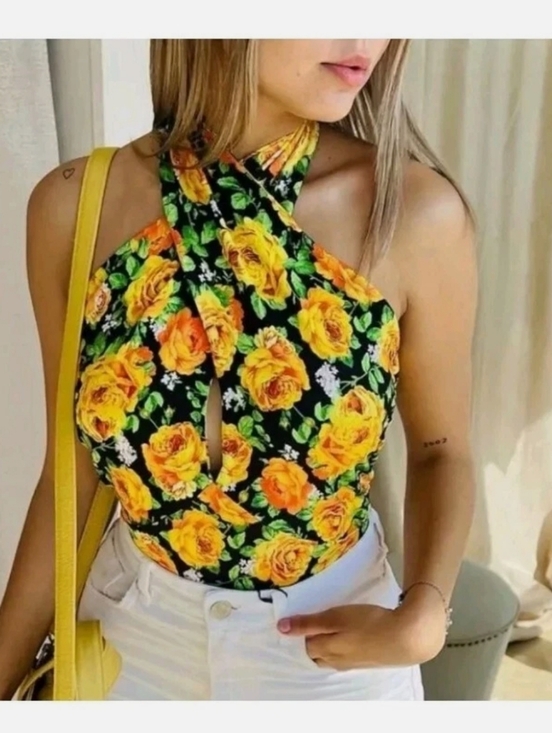 Zara Tops - Zara Black Floral Hooded Bodysuit with Yellow Roses